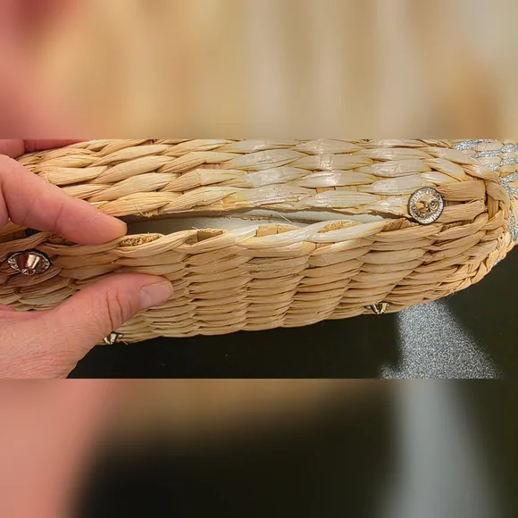 Guess Metallic Straw Tote Bag with Silver Faux Leather Trim & Scarf | Y2K - Picture 7 of 13